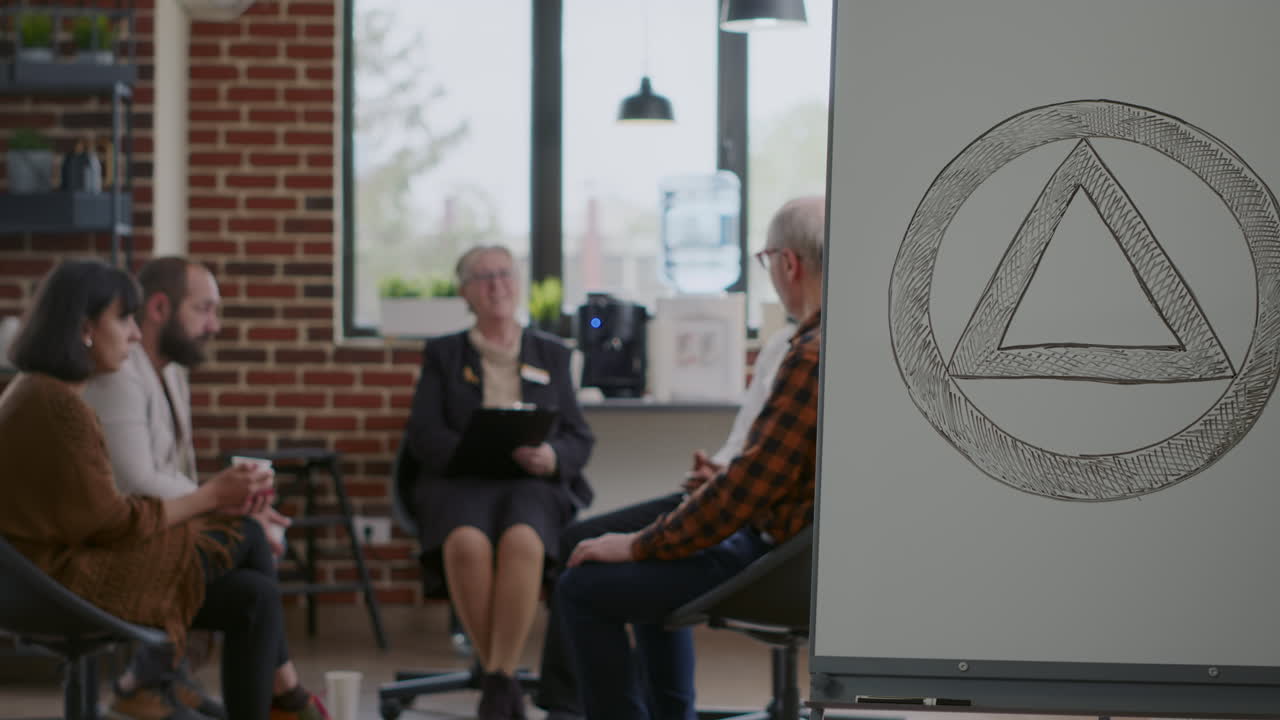 Close up of aa meeting sign on white board in office used for group therapy in circle