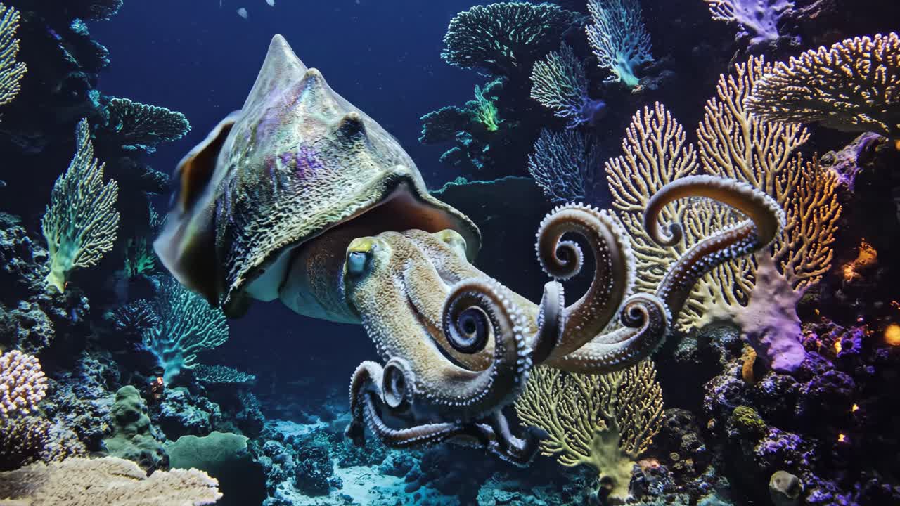 Cuttlefish in a Coral Reef Aquarium