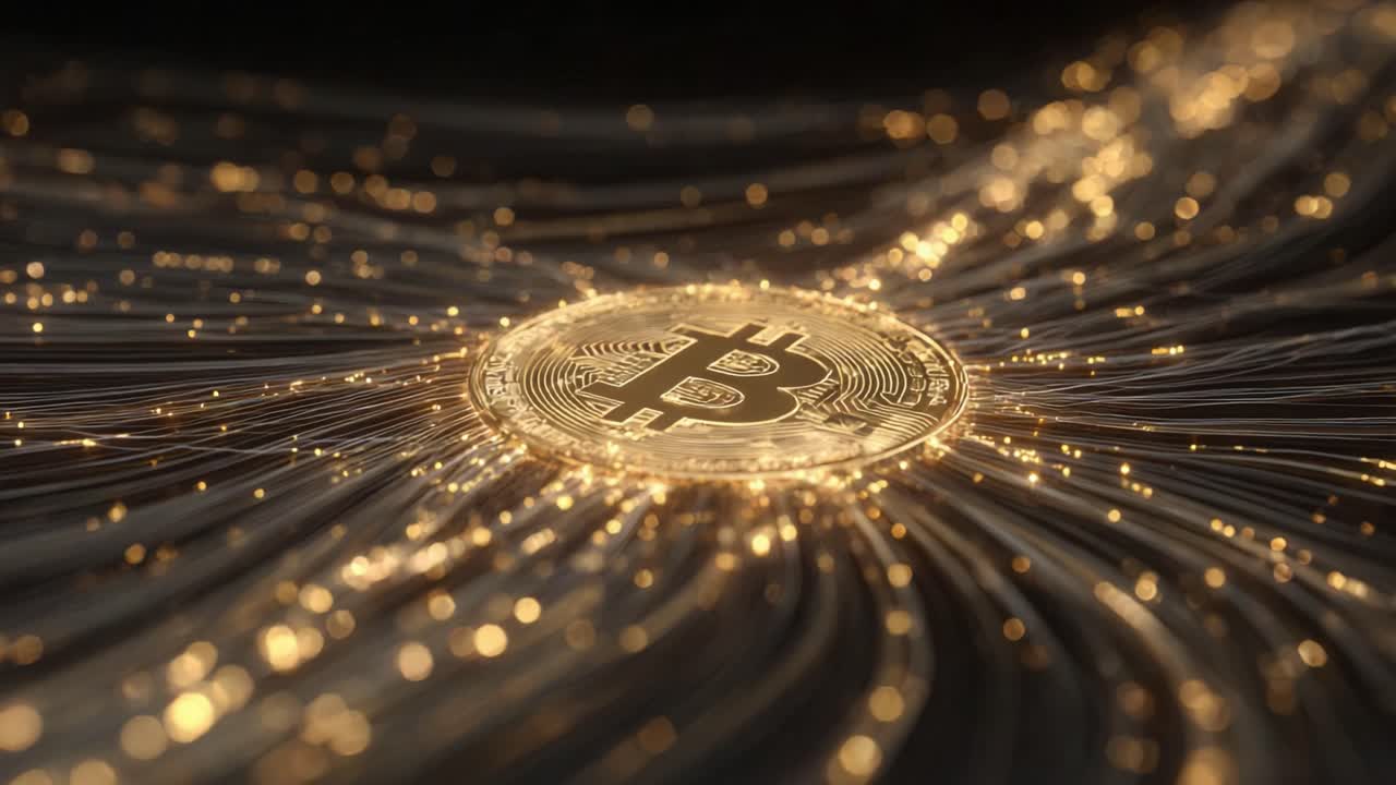Un bitcoin dorato e lucente che invia dati attraverso una rete di cavi in fibra ottica, a simboleggiare la velocità e il flusso di informazioni nel mondo delle criptovalute e della blockchain su uno sfondo scuro