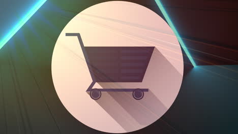 animation of blue neon spiral, qr code and shopping cart icon with light beams on black background