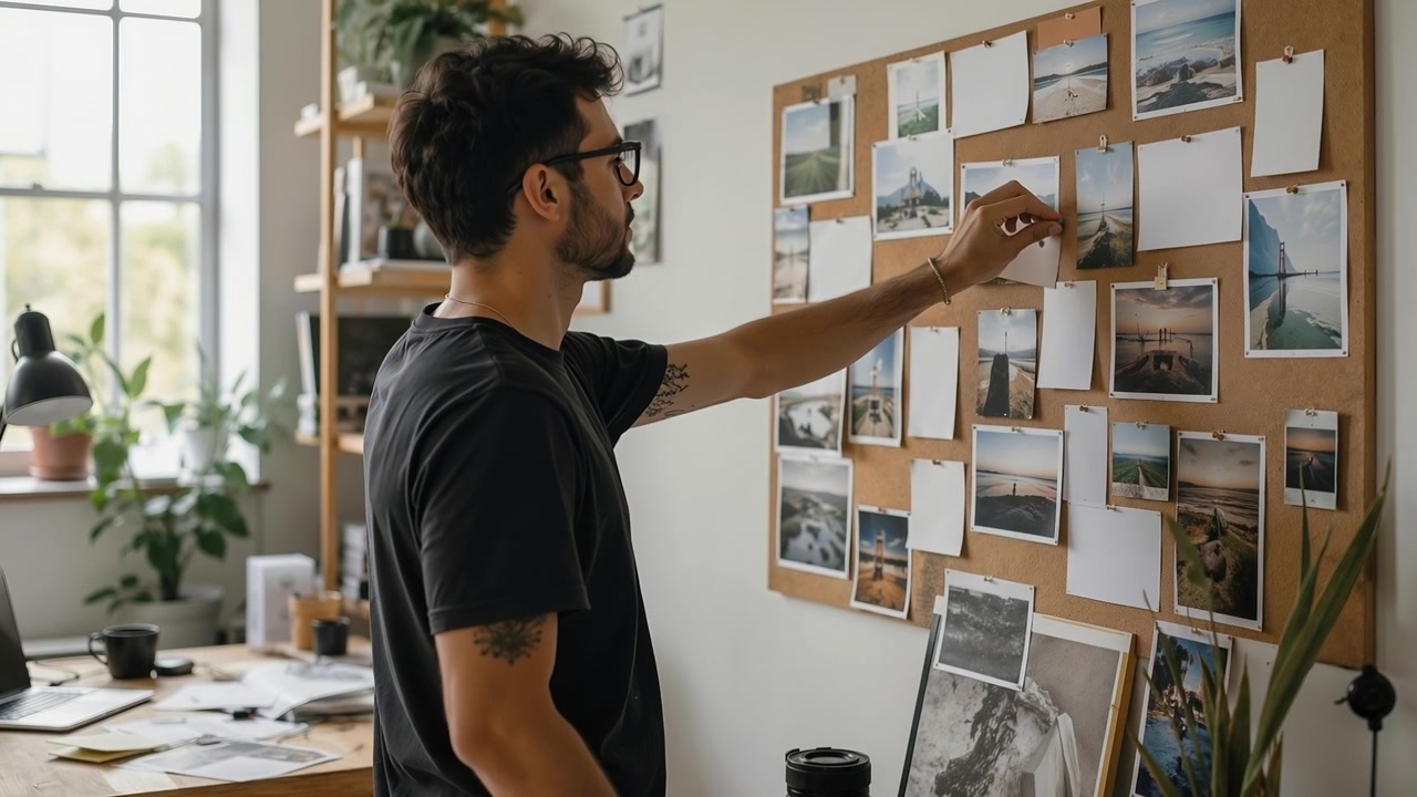 Fotografo creativo che guarda foto appuntate su una mood board in uno studio luminoso