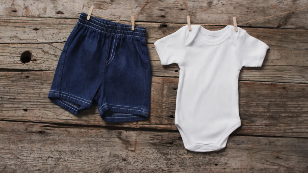 Video of baby grow and denim shorts hanging on clothes pegs with copy space on wooden background