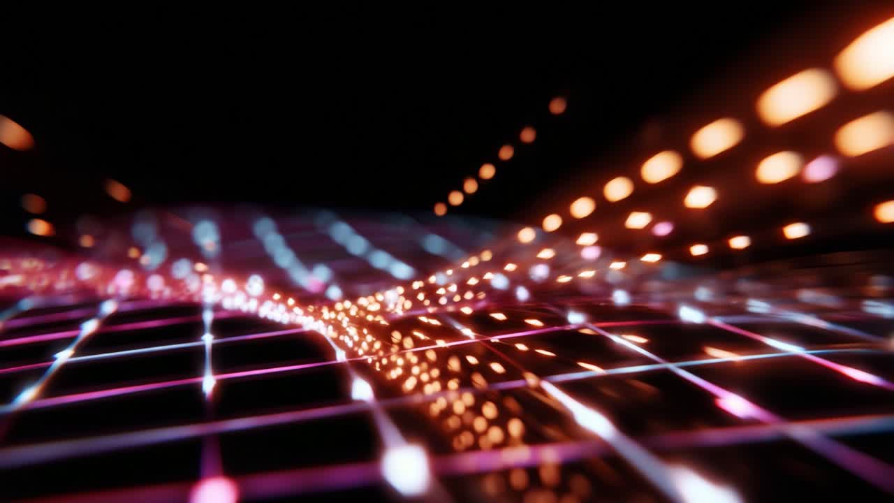 A Stunning Visual Display of Light and Color: A Digital Representation of Waves and Grids Reflecting Vibrant Pulses of Energy in a Hypothetical 3D Space Filled with Motion and Depth