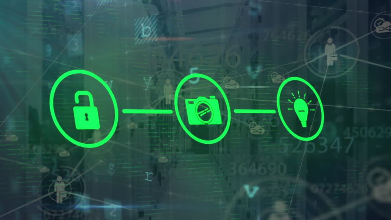 Animation of icons and data processing text over computer servers