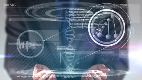 animation of digital data processing and dna strand over caucasian businessman