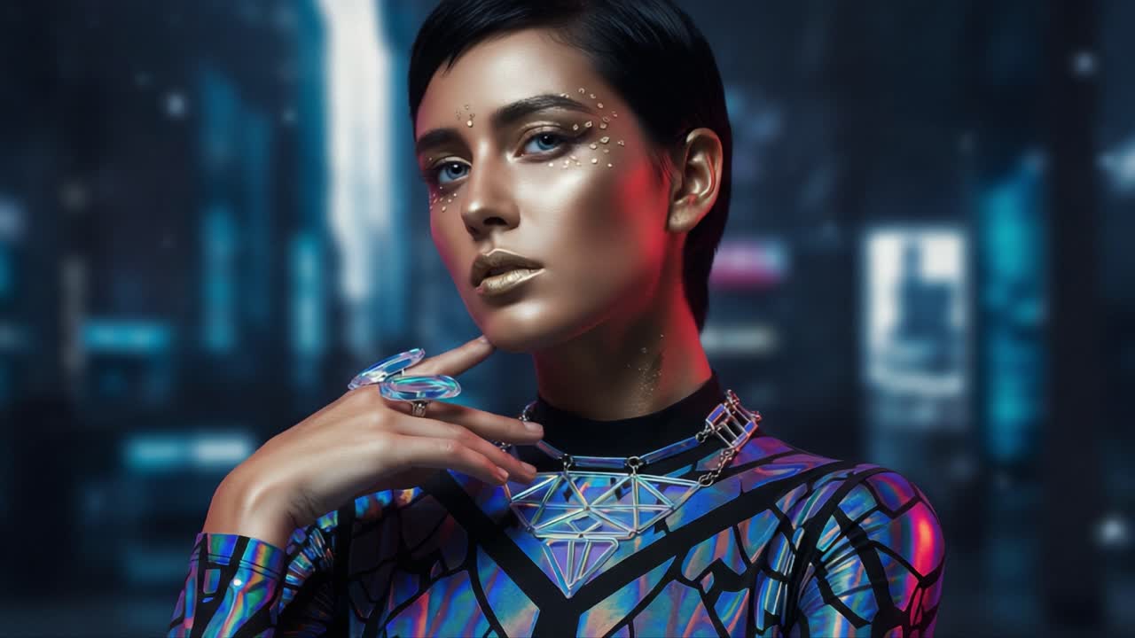 Uno splendido ritratto di una modella di moda futuristica, con trucco metallico scintillante, gioielli audaci e una posa accattivante su uno sfondo urbano che emana modernità.