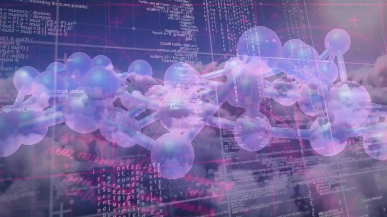 Digital Molecule Structure Overlaid with Programming Code and Clouds