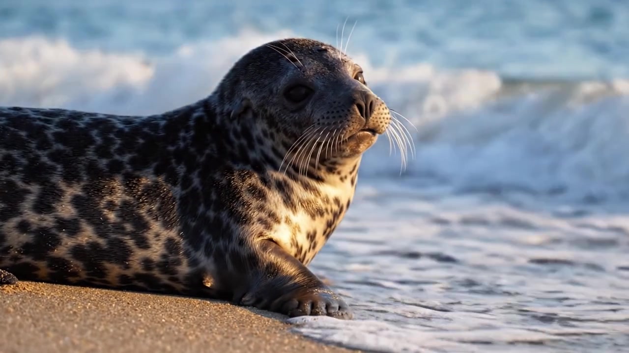 Un momento tranquillo mentre una foca maculata riposa sulla riva sabbiosa, guardando verso le onde, incarnando la pacifica coesistenza della fauna selvatica e dell'ambiente oceanico.