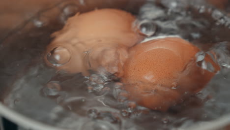 two boiling eggs in a pot of bubbling water