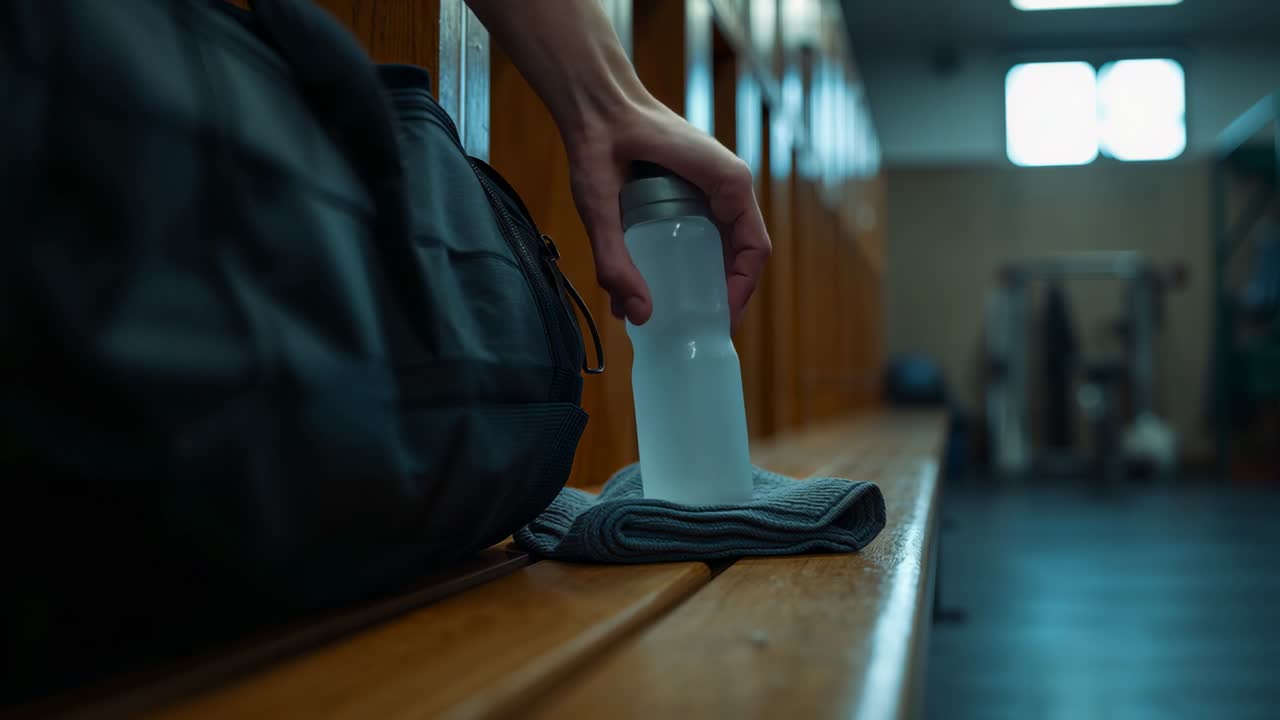 Reaching forearm grasping clear bottle from towel on wooden bench, packing bottle into black bag