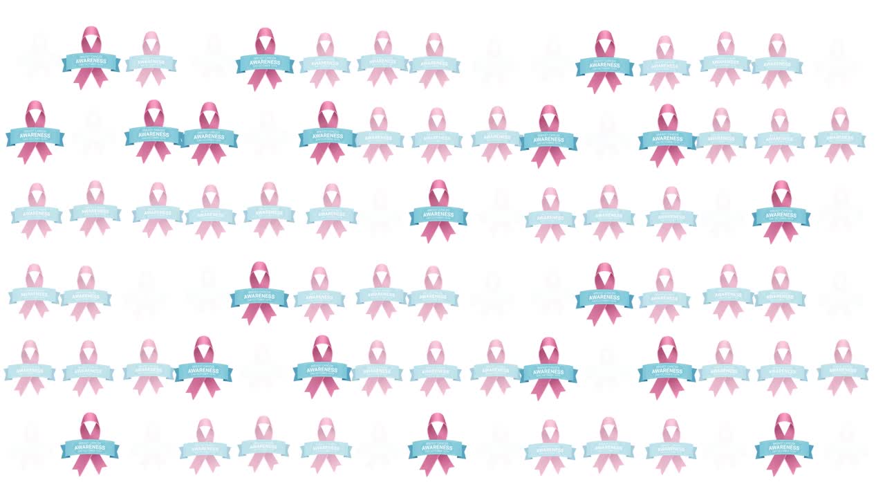 ⁇ 색 배경에 빛나는 여러 개의 분홍색 리본 로고와 유방암 텍스트의 애니메이션