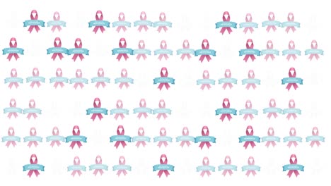 animación de múltiples logotipos de cinta rosa y texto de cáncer de mama que brilla sobre un fondo blanco