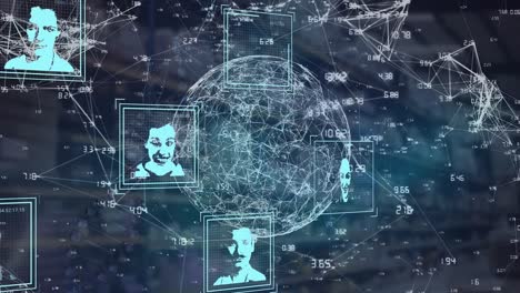 animación de iconos de usuario y globo con conexiones sobre coordenadas en fondo negro