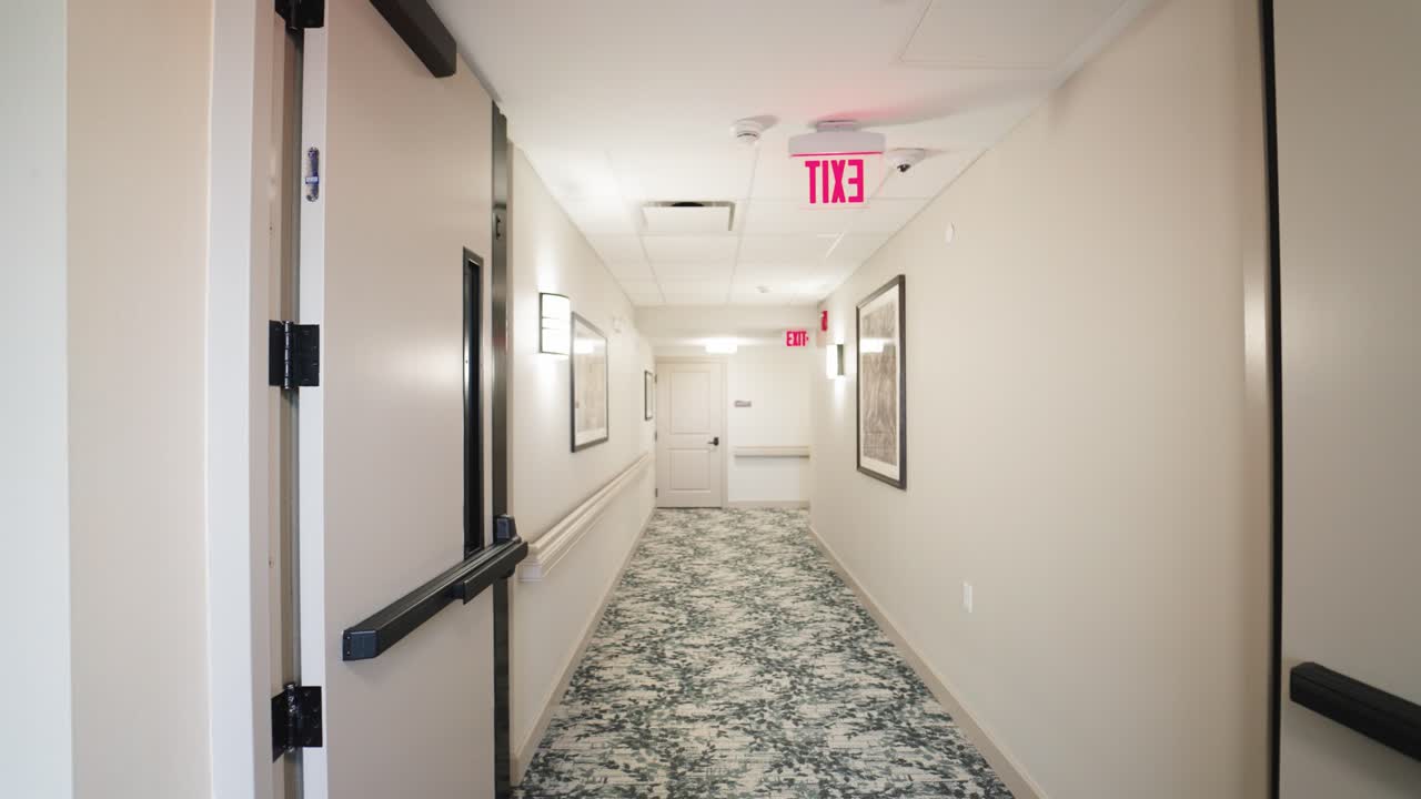 Slow motion gimbal footage of a nursing home hallway