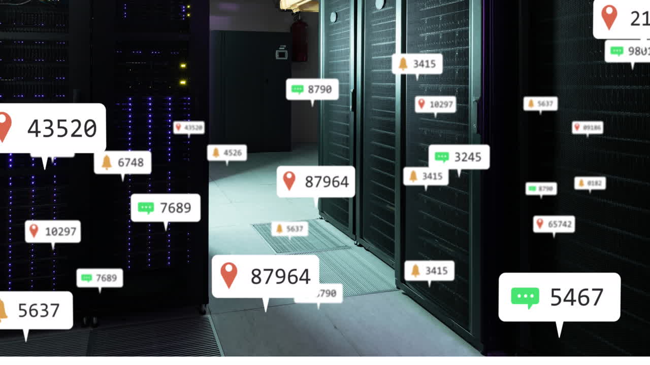 데이터 서버 랙 위의 알림 및 숫자 아이콘의 애니메이션