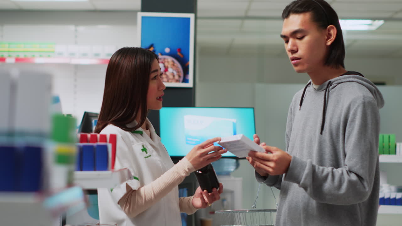 People in a pharmacy, buying medicine