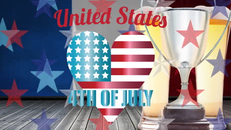 animation of independence day text over flag of american pattern and cup