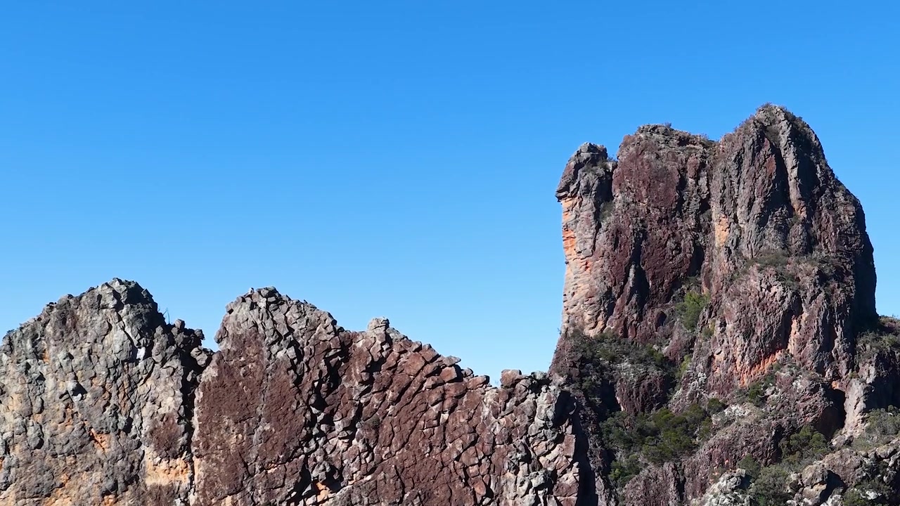 Un'aquila cuneata sorvola la formazione rocciosa The Breadknife nel Parco Nazionale Warrumbungle, Australia