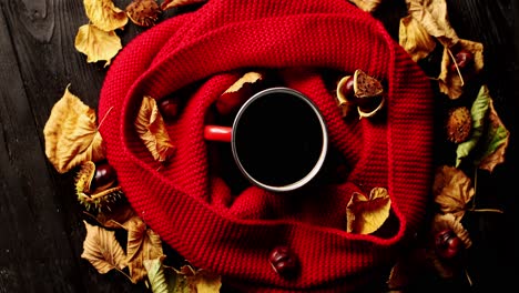 leaves and nuts around scarf and beverage