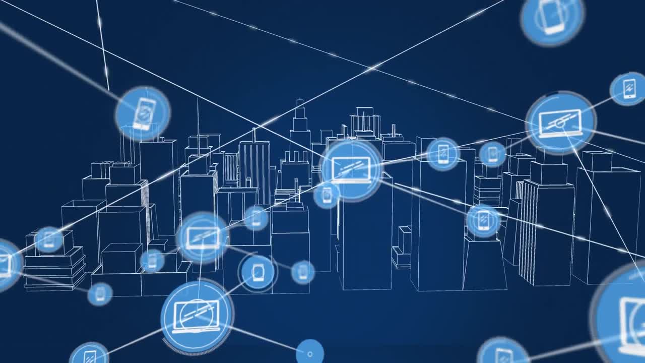 Animation af netværk af forbindelser over metaverse bybillede på mørkeblå baggrund