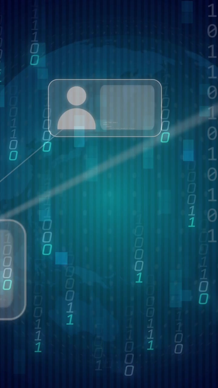 Animation of digital icons, binary coding and data processing