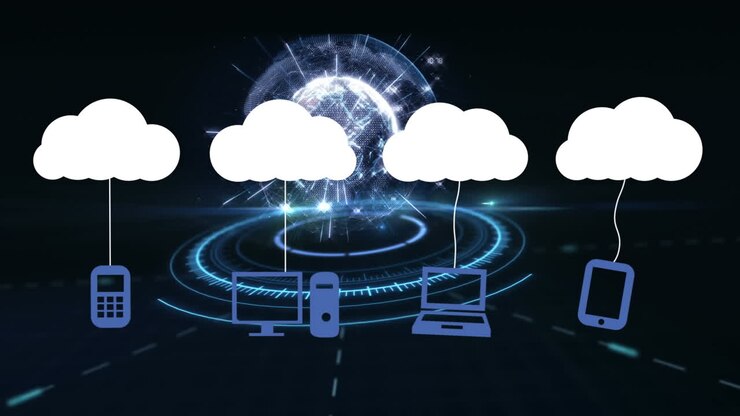 Animation of clouds with icons over globe