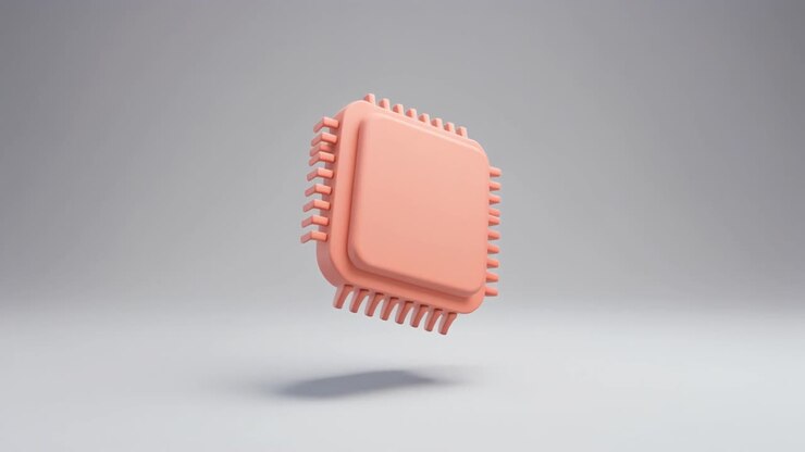 Renderizado 3D minimalista de un microchip de CPU flotante.