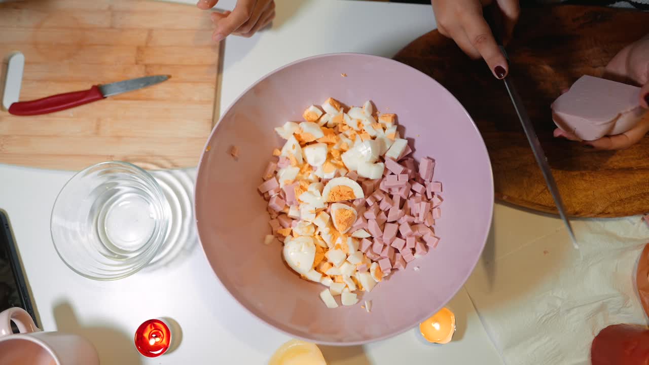 Preparing a Salad with Eggs and Meat