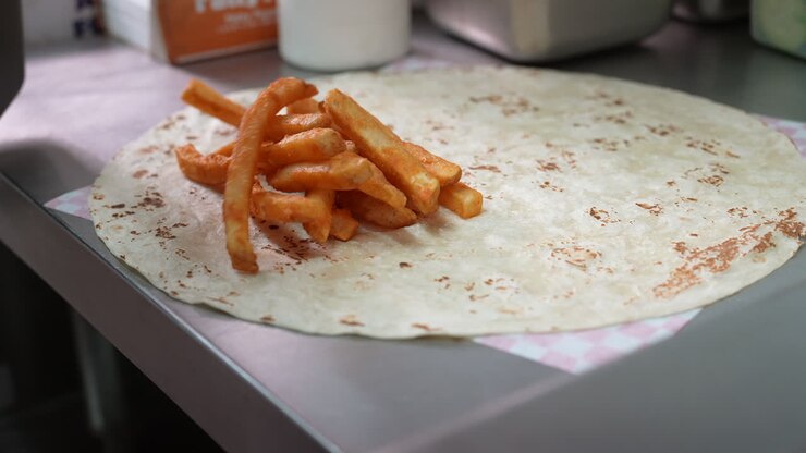 Quick cut full process of making a California burrito - food truck series