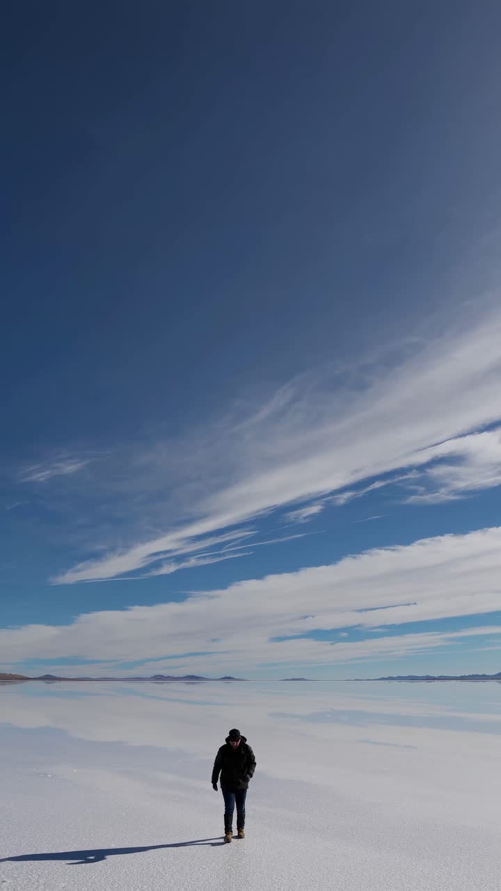 Wide-angle shot of a person walking on a vast salt flat under a dramatic sky, capturing a sense