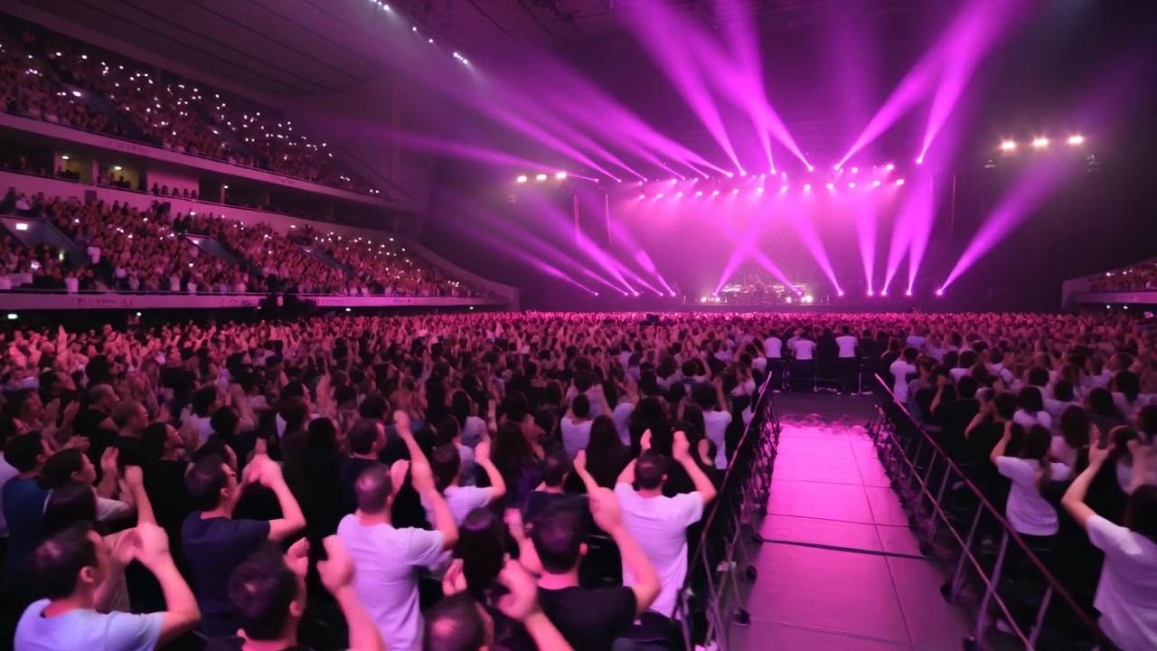 Pubblico che applaude con magliette casual, alzando le mani sul pavimento dell'arena dopo il segnale della band, luci viola.