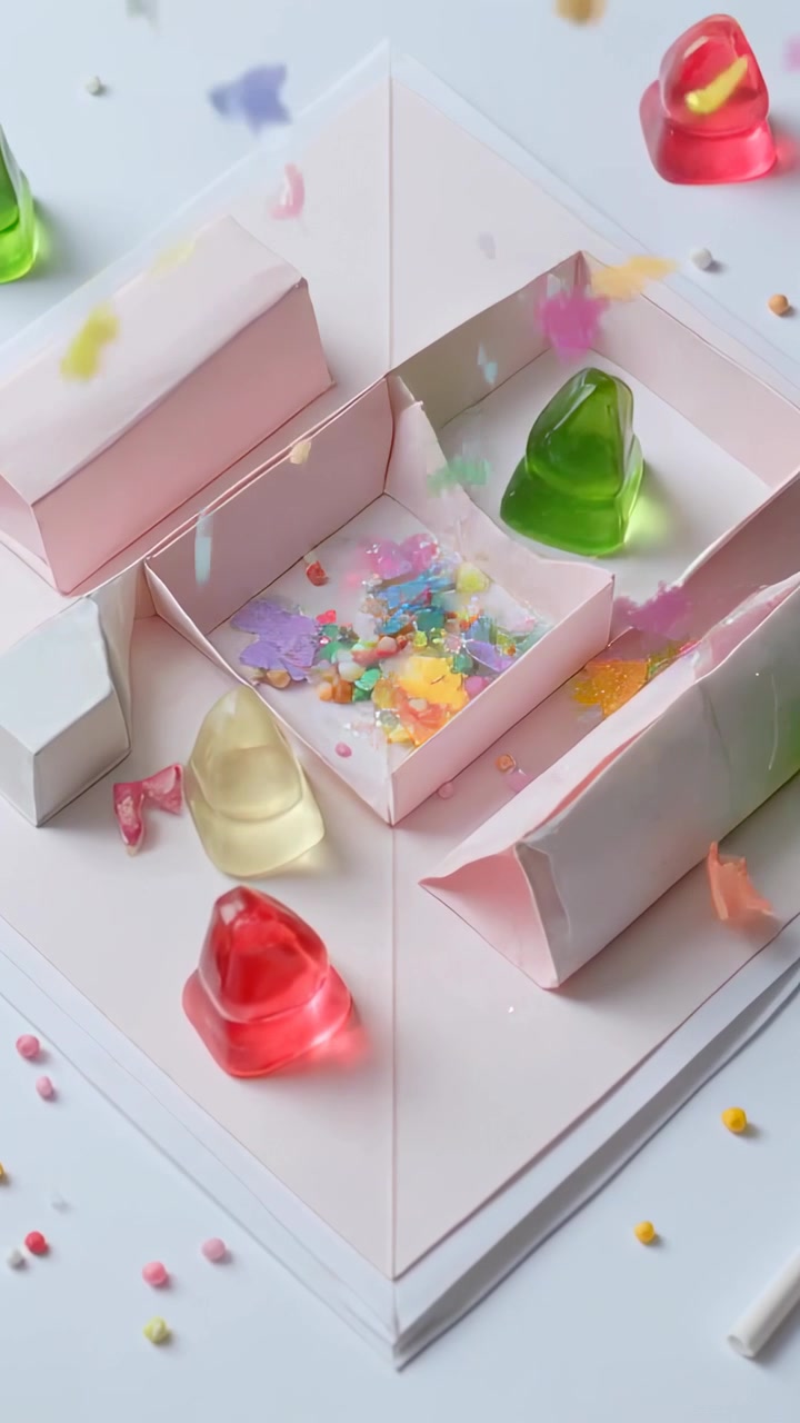Vertical video: Confetti falling from above filling pink diorama with sprinkles and candies on desk