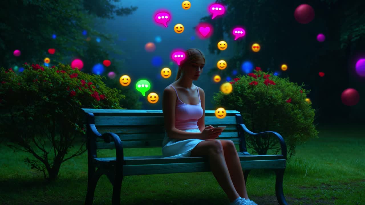 A tranquil scene of a young woman sitting alone on a park bench, surrounded by colorful and cheerful emojis floating in the air, representing emotions and communication in a serene environment