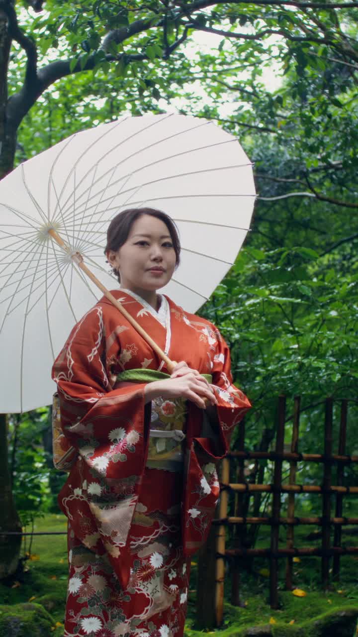 Woman in Traditional Japanese Kimono with Umbrella in a Garden