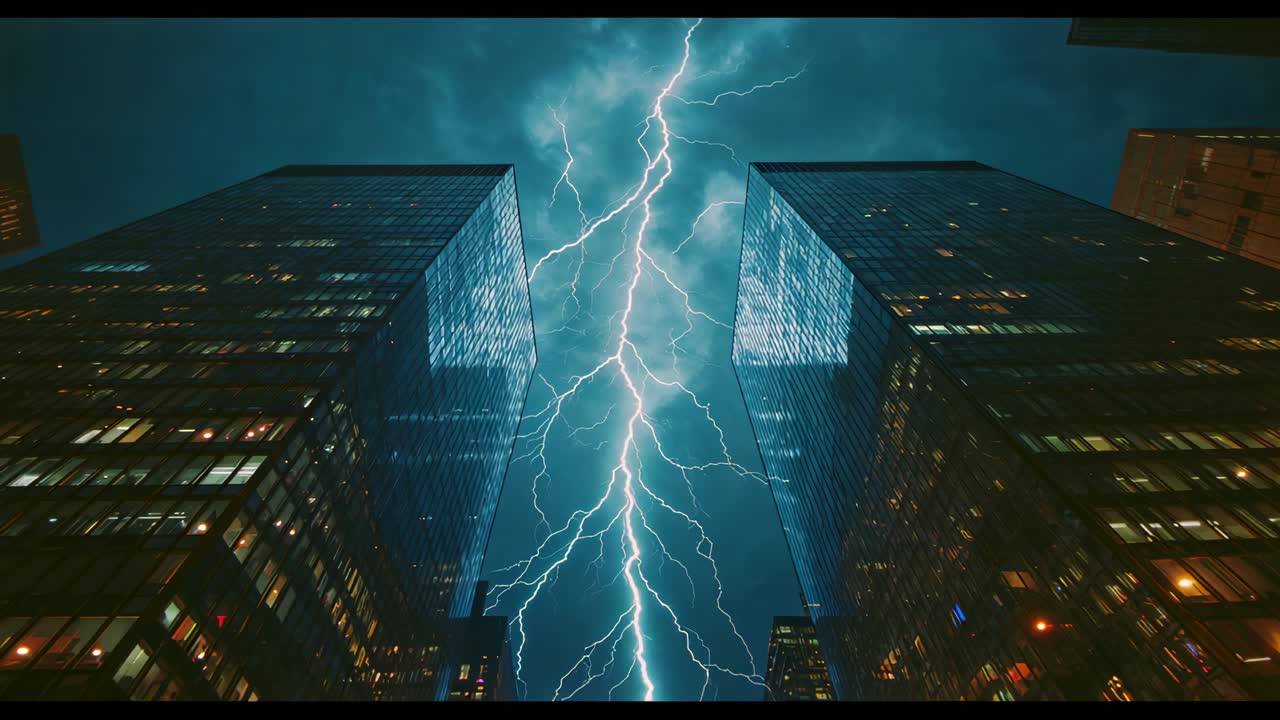 Striking lightning from storm clouds traveling between downtown glass skyscrapers, lighting windows