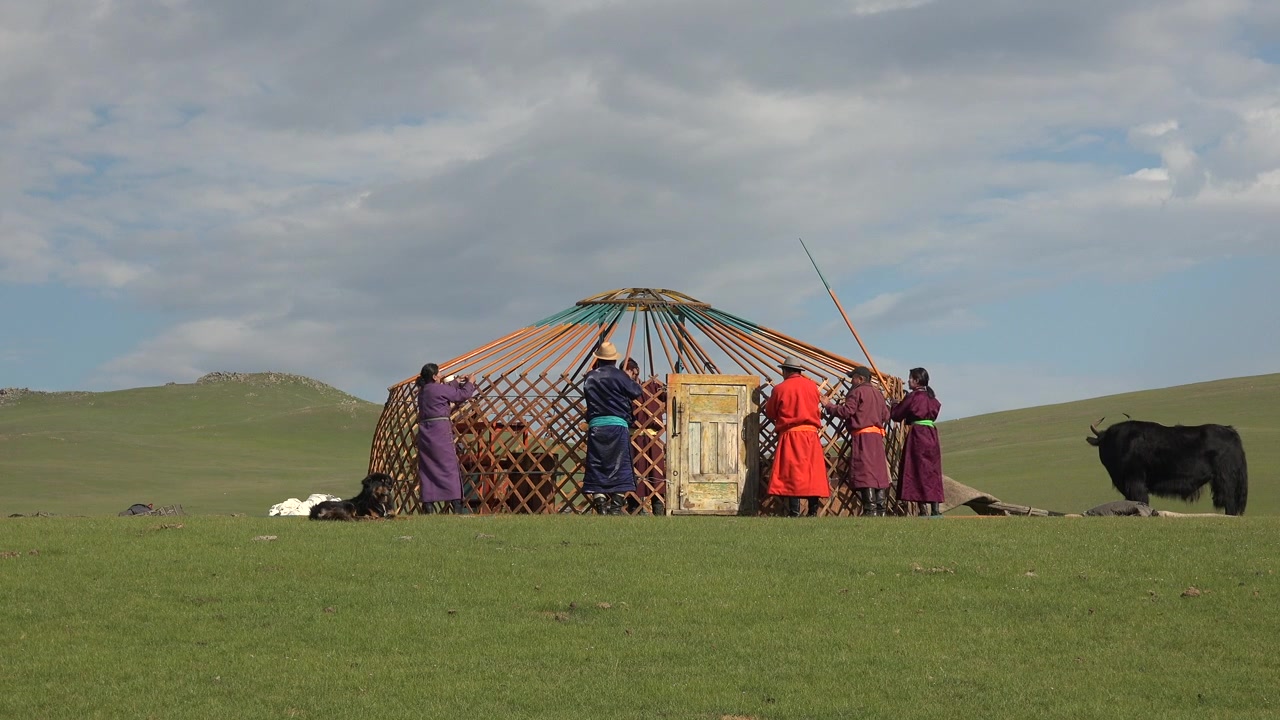 Mongolisk nomadfamilj som monterar ett traditionellt gertält