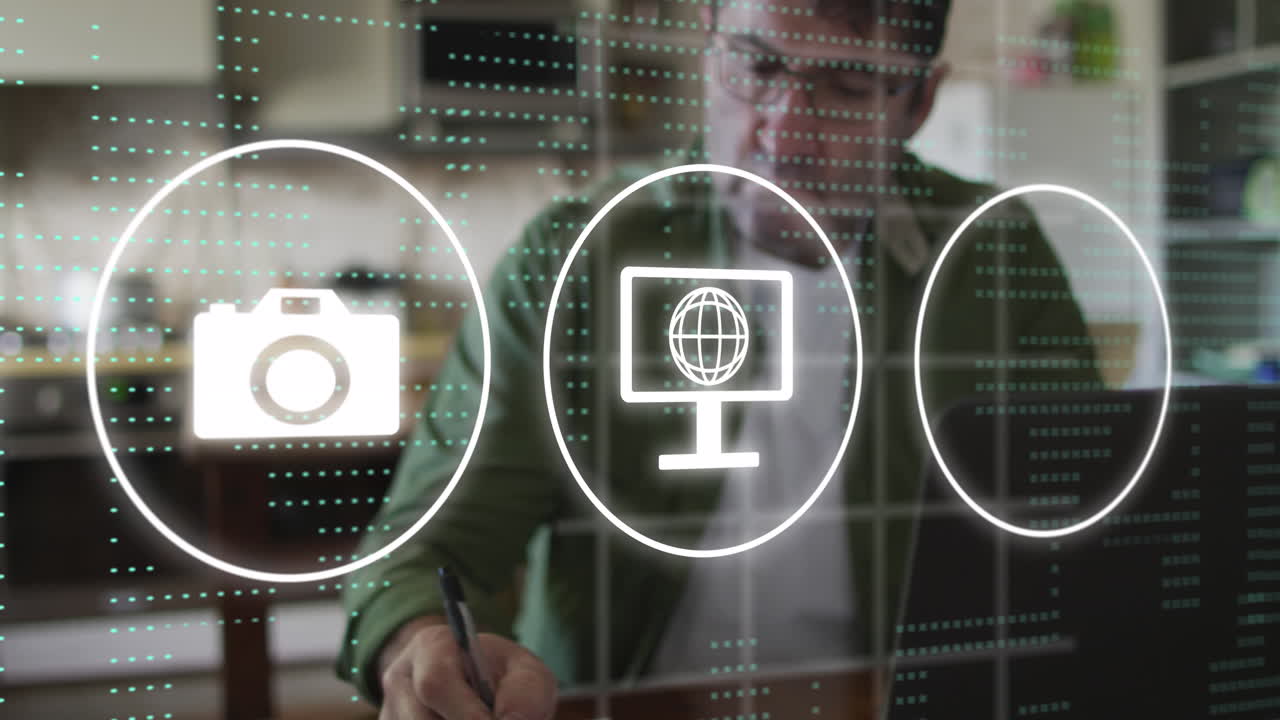 animación de la red de conexiones con iconos sobre empresario caucásico en casa