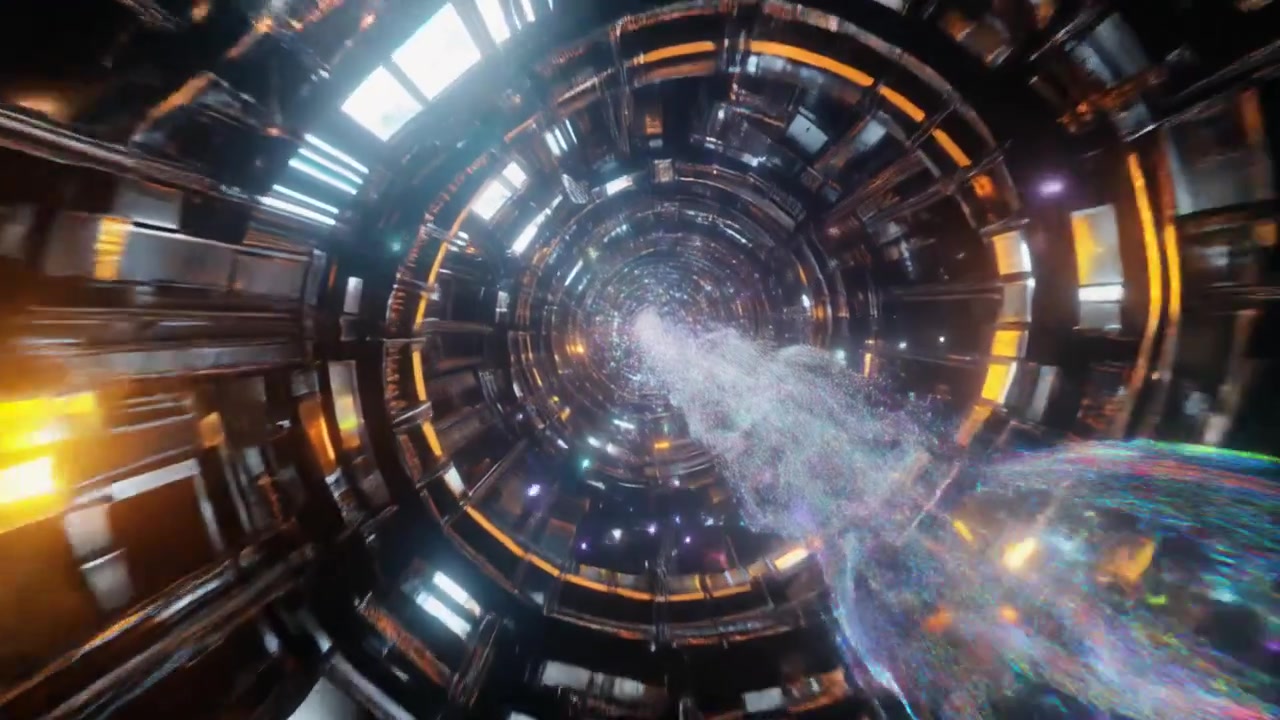 Flusso astratto di particelle digitali che viaggia attraverso un tunnel metallico futuristico