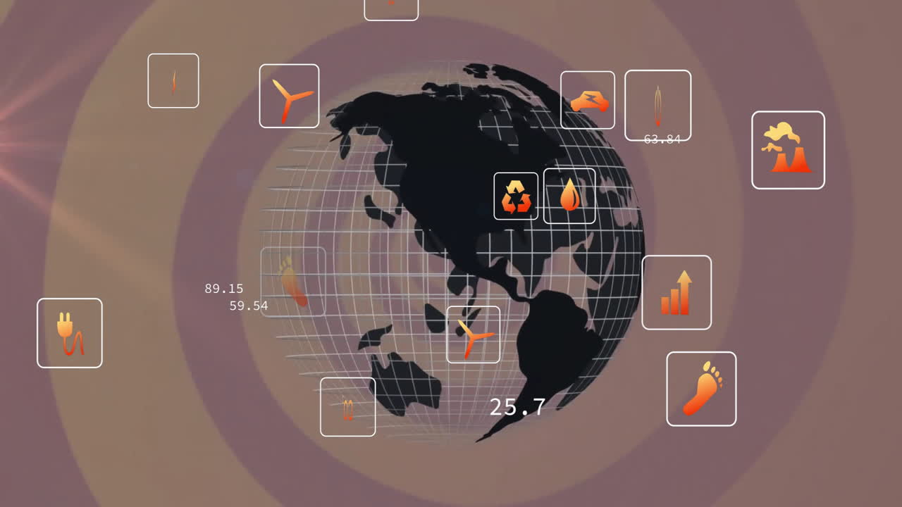 animación del procesamiento de datos y iconos de ecología del globo