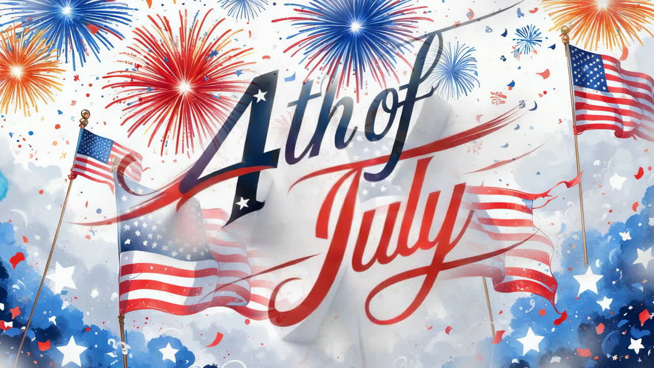 4th of July Celebration with Fireworks and American Flags