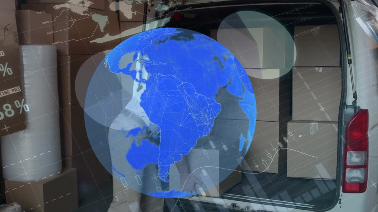 animación del globo de conexiones sobre el repartidor con caja de cartón