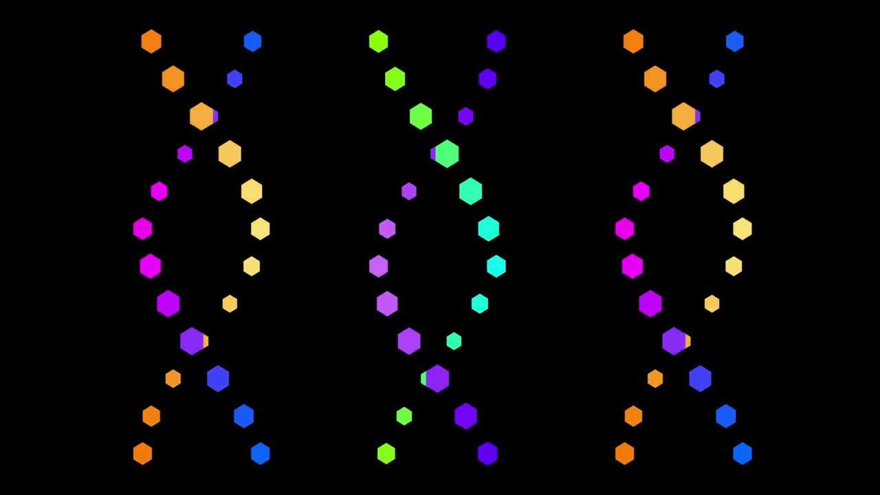 검은 바탕에 회전하는 다채로운 dna 줄무의 애니메이션