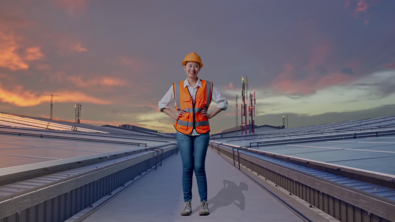 Cuerpo completo de ingeniera asiática con casco de seguridad mirando a la cámara mientras está de pie con los brazos en jarras e inspecciona paneles solares industriales en la azotea.