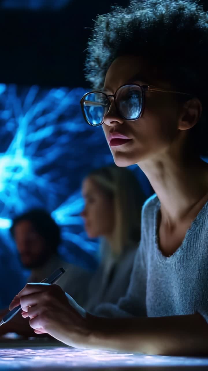 Focused Individual in Eyeglasses Engaged in Deep Thought While Collaborating in a High-Tech Environment Surrounded by a Team and Complex Visuals