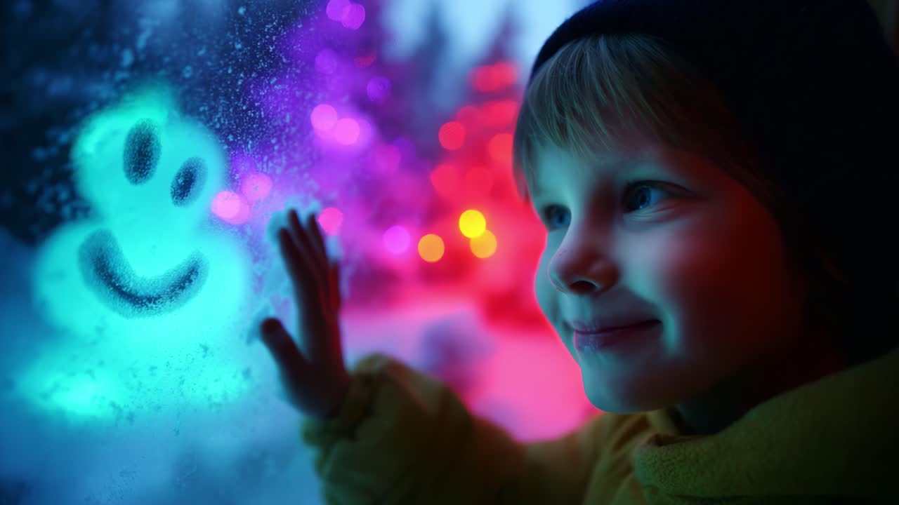 Un bambino gioioso ammira una scena innevata e colorata attraverso una finestra ghiacciata, osservando un allegro disegno di un pupazzo di neve spettrale tra vivaci luci natalizie
