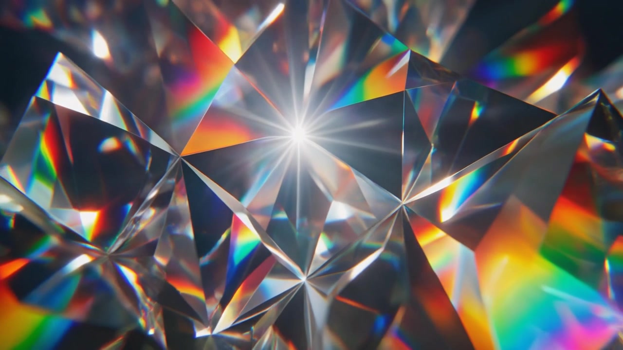 Primo piano di un diamante rotante con rifrazioni di luce arcobaleno.