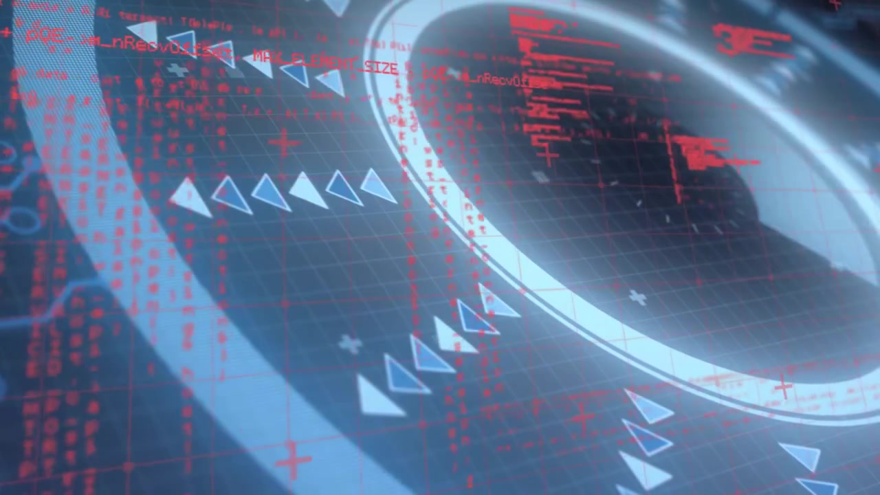 Ring rotating after camera shift, red code blocks cascading to visualize system scan in HUD
