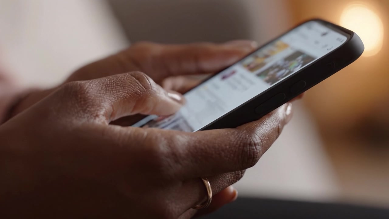An Intimate Close-Up of a Person's Hands Holding a Smartphone, Engaged in Digital Content Exploration and Interaction Through Touch Screen Technology