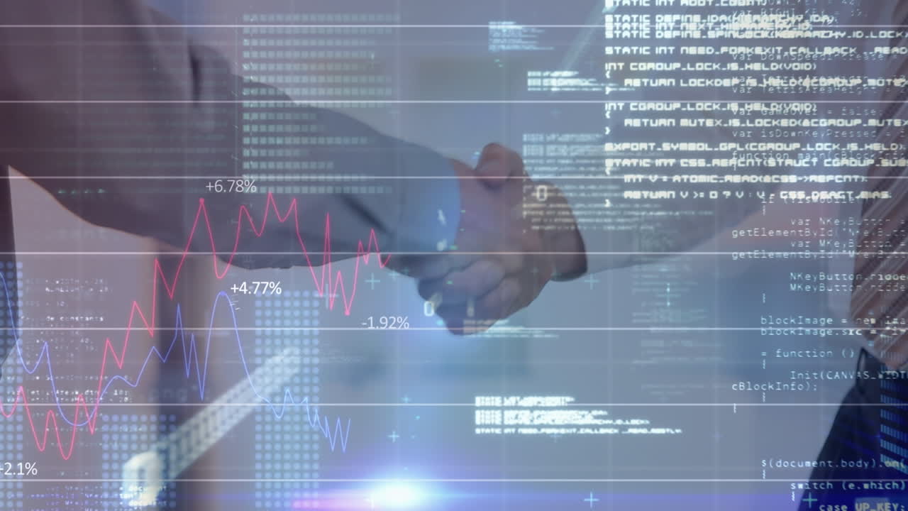 animación del procesamiento de datos financieros sobre personas de negocios que se dan la mano