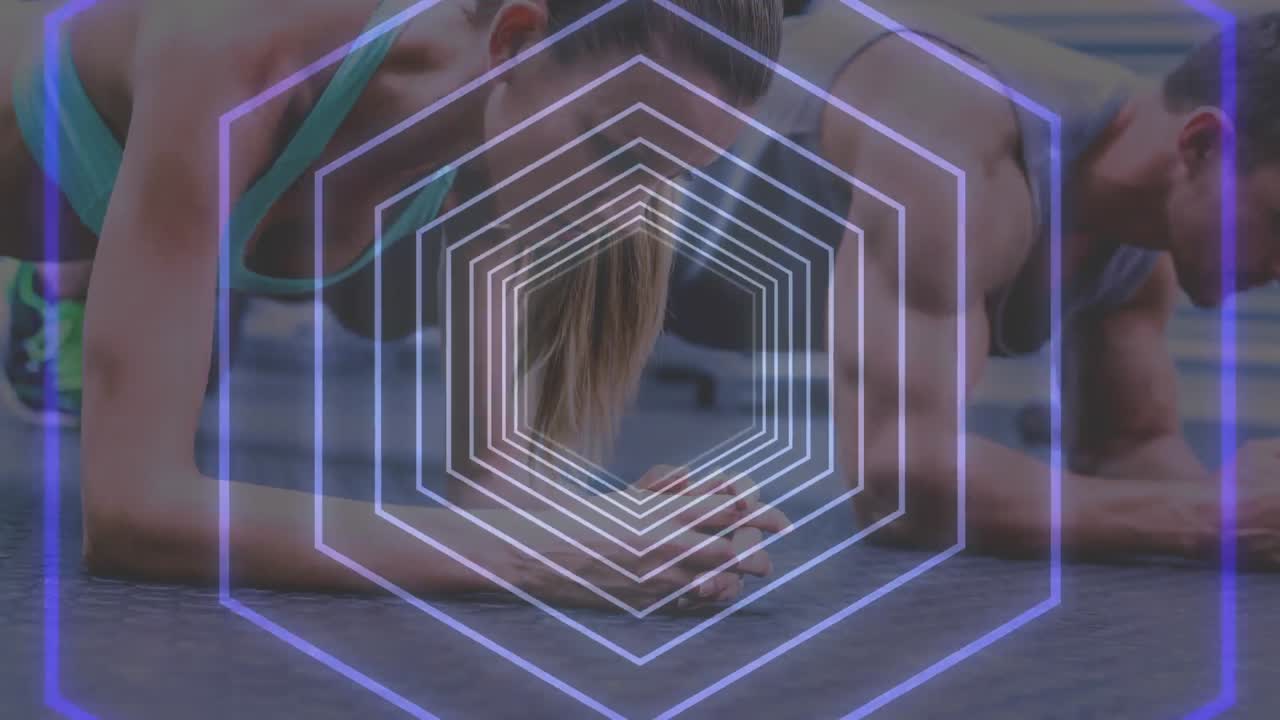 animación de un túnel brillante sobre un hombre y una mujer haciendo ejercicio